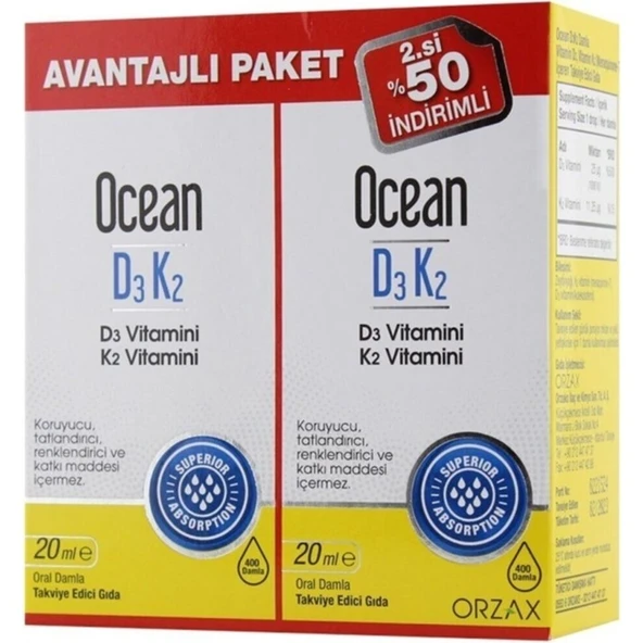 Orzax Ocean D3k2 Damla 20 Ml içerik 2 Adet Avantajlı Paket ürün görseli 1