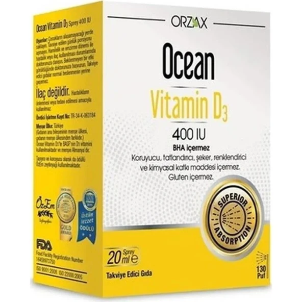 Orzax Ocean D Vitamini Desteği - Vitamin D3 400 Iu Sprey 20 ml X 3 Adet - Resim 2