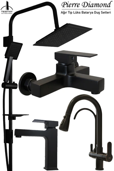 Mutfak Lavabo Banyo Bataryası ve Robot Duş Takımı Ağır Tip Kare Musluklar Arıtmalı Spiralli Pul Out Eviye Musluğu Musluk Armatür Siyah Renk ürün görseli 1