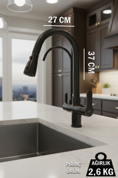 Mutfak Lavabo Banyo Bataryası ve Robot Duş Takımı Ağır Tip Kare Musluklar Arıtmalı Spiralli Pul Out Eviye Musluğu Musluk Armatür Siyah Renk - Resim 2