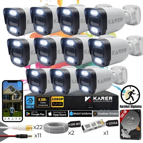 Exitcam-11'li AHD Güvenlik Kamera Seti-Gece Renkli-6 WARMLED'li- Su Geçirmez- Full HD