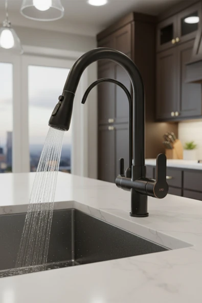 Mutfak Lavabo Banyo Bataryası ve Robot Duş Takımı Delta Serisi Arıtmalı Spiralli Pul Out Eviye Musluğu Musluk Armatür Siyah Renk - Resim 7