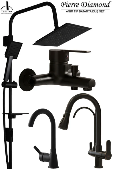 Mutfak Lavabo Banyo Bataryası ve Robot Duş Takımı Delta Serisi Arıtmalı Spiralli Pul Out Eviye Musluğu Musluk Armatür Siyah Renk ürün görseli 1