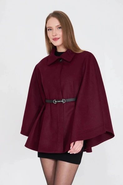 Kemerli kaşe panço bordo pt - Resim 6