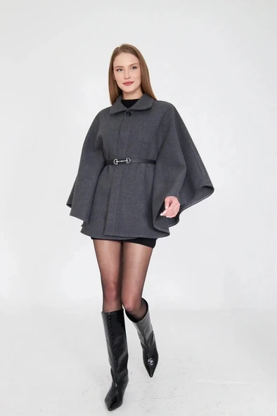 Kemerli kaşe panço antrasit pt - Resim 2