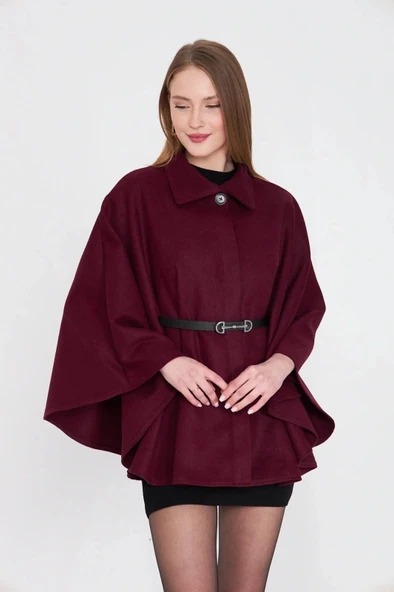 Kemerli kaşe panço bordo pt - Resim 3