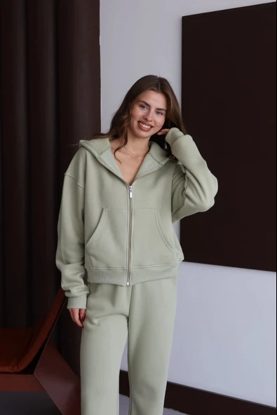 3 iplik şardonlu kapşonlu hoodie frm mint p510437 - Resim 2