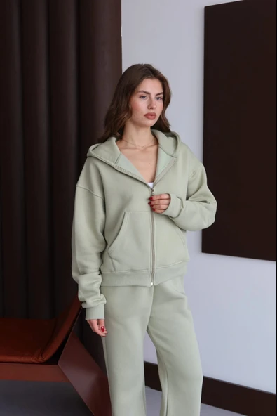 3 iplik şardonlu kapşonlu hoodie frm mint p510437 - Resim 3