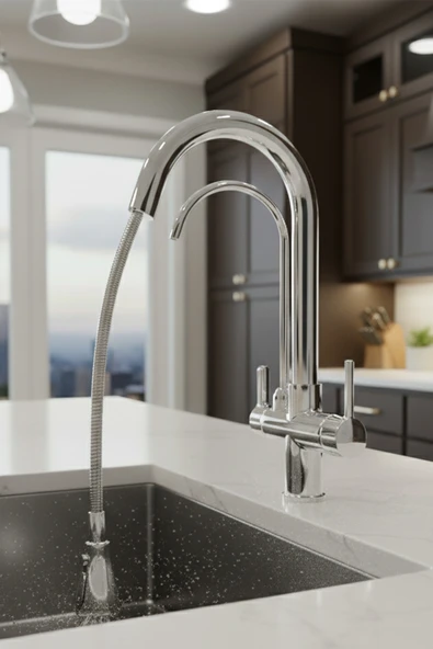 Mutfak Lavabo Banyo Bataryası ve Robot Duş Takımı Delta Serisi Arıtmalı Spiralli Pul Out Eviye Musluğu Musluk Armatür Krom Renk - Resim 6