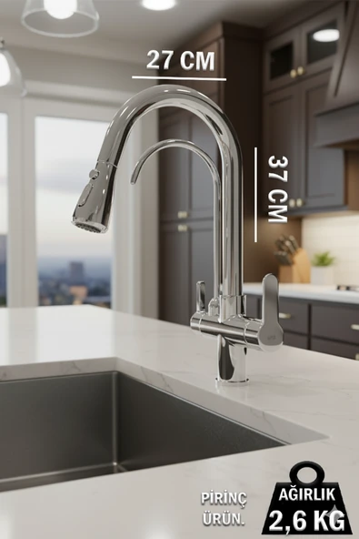 Mutfak Lavabo Banyo Bataryası ve Robot Duş Takımı Delta Serisi Arıtmalı Spiralli Pul Out Eviye Musluğu Musluk Armatür Krom Renk - Resim 2