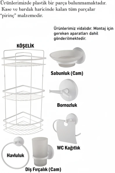 Banyo Aksesuarları Üç Katlı Köşelik Kağıtlık Havluluk Sabunluk Fırçalık Bornozluk Seti Beyaz Renk - Resim 3