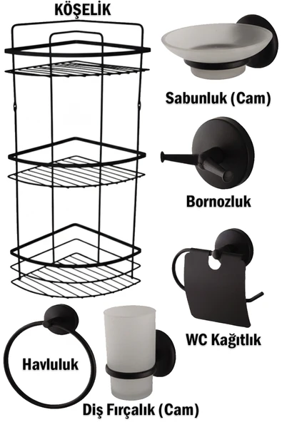 Banyo Aksesuarları Üç Katlı Köşelik Kağıtlık Havluluk Sabunluk Fırçalık Bornozluk Seti Siyah Renk ürün görseli 1