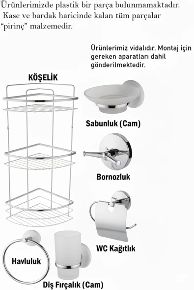 Banyo Aksesuarları Üç Katlı Köşelik Kağıtlık Havluluk Sabunluk Fırçalık Bornozluk Seti Krom Renk - Resim 3