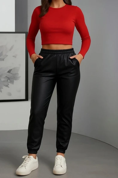 MDB Kadın Paçası astikli Cep Detaylı Deri Tayt ürün görseli 1