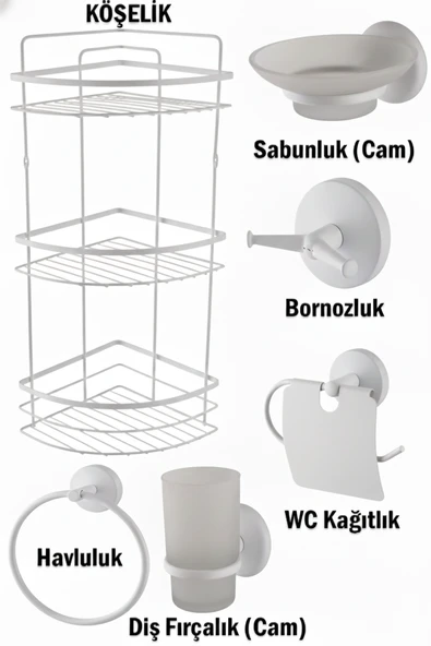 Banyo Aksesuarları Üç Katlı Köşelik Kağıtlık Havluluk Sabunluk Fırçalık Bornozluk Seti Beyaz Renk ürün görseli 1