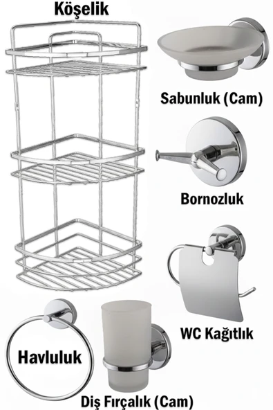 Banyo Aksesuarları Üç Katlı Köşelik Kağıtlık Havluluk Sabunluk Fırçalık Bornozluk Seti Krom Renk ürün görseli 1