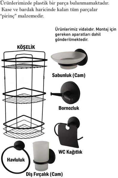 Banyo Aksesuarları Üç Katlı Köşelik Kağıtlık Havluluk Sabunluk Fırçalık Bornozluk Seti Siyah Renk - Resim 3