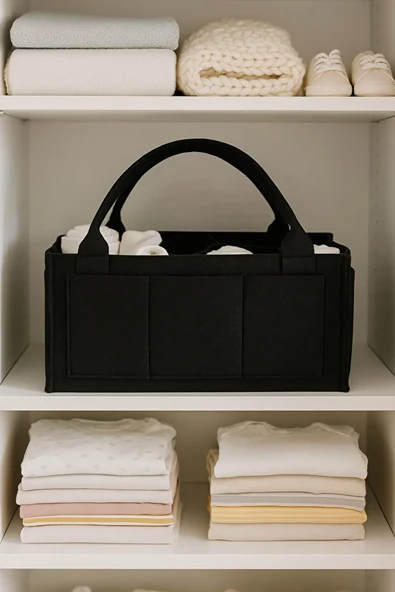 Siyah Kalın Keçe Anne Bebek Bakım Çantası Yenidoğan İçin Organizer Düzenleyici - Resim 6