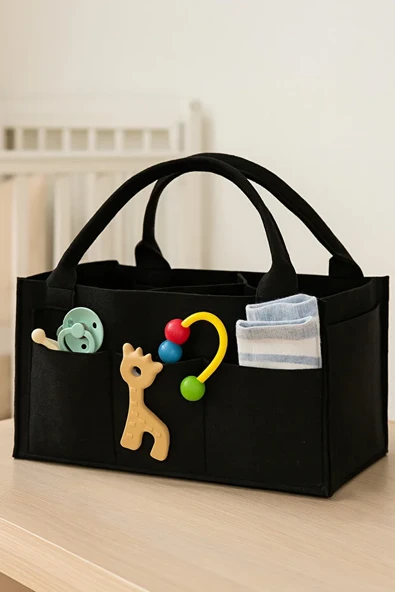 Siyah Kalın Keçe Anne Bebek Bakım Çantası Yenidoğan İçin Organizer Düzenleyici - Resim 5