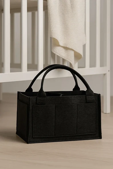 Siyah Kalın Keçe Anne Bebek Bakım Çantası Yenidoğan İçin Organizer Düzenleyici - Resim 2