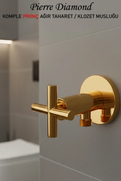 Taharet Takımı Pirinç Malzeme WC Taharet Matik ve Ara Musluğu Gold / Altın Renk - Resim 4