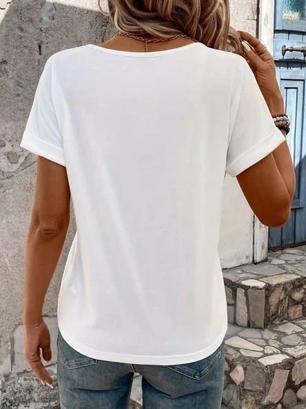 Kadın Kısa Kollu V Yakalı şerit Detaylı Viskon Bluz - Resim 2