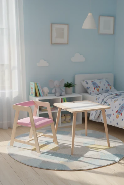 Montessori Çocuk Ahşap Oyun Etkinlik Çalışma Masası,Saklama Alanlı, Pembe Sandalye ürün görseli 1