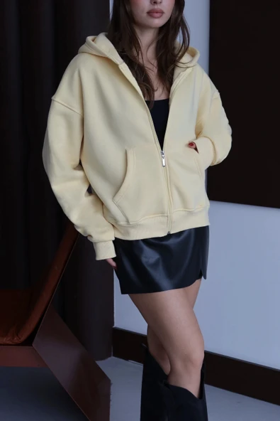 3 iplik şardonlu kapşonlu hoodie frm sarı p510437 - Resim 7