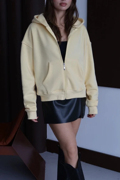 3 iplik şardonlu kapşonlu hoodie frm sarı p510437 - Resim 6