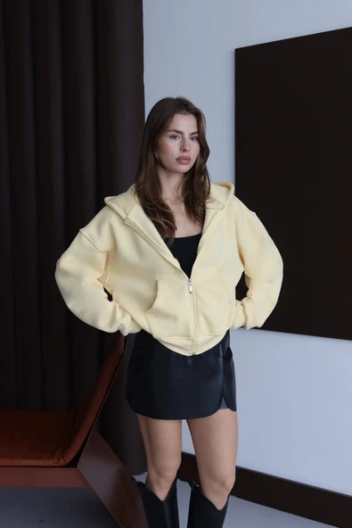 3 iplik şardonlu kapşonlu hoodie frm sarı p510437 - Resim 3