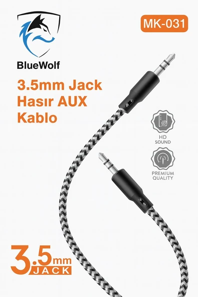 ARBAKS MK-031 3.5mm AUX KABLO BLUEWOLF HASIR ÖRGÜLÜ ürün görseli 1