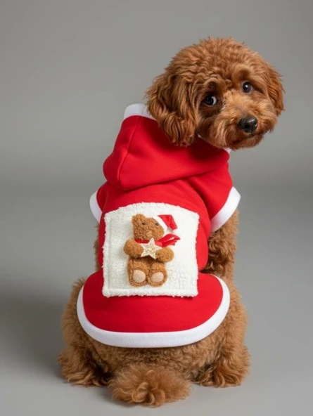 Boo Boo Teddy Yılbaşı Köpek Kıyafeti Premium Kırmızı Polar | Kapüşonlu Noel Köpek Kostümü | Küçük Irklar İçin - Resim 8
