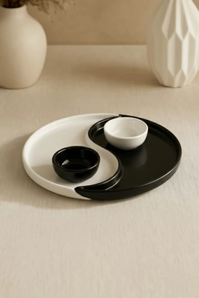 Özel Tasarım 2 li Siyah Beyaz Seramik Çerez Sos Kahvaltı Tabağı Sunum Seti MIT1269 - Resim 4