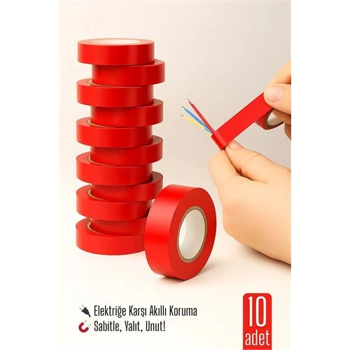 10'LU KIRMIZI Elektrik  Bandı – Yüksek Yalıtım Gücü, Kablo Sabitleme ve Elektrik Koruma İçin ürün görseli 1