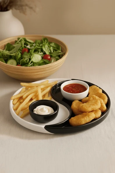 Özel Tasarım 2 li Siyah Beyaz Seramik Çerez Sos Kahvaltı Tabağı Sunum Seti MIT1269 - Resim 2