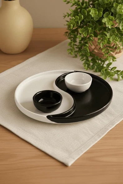 Özel Tasarım 2 li Siyah Beyaz Seramik Çerez Sos Kahvaltı Tabağı Sunum Seti MIT1269 ürün görseli 1