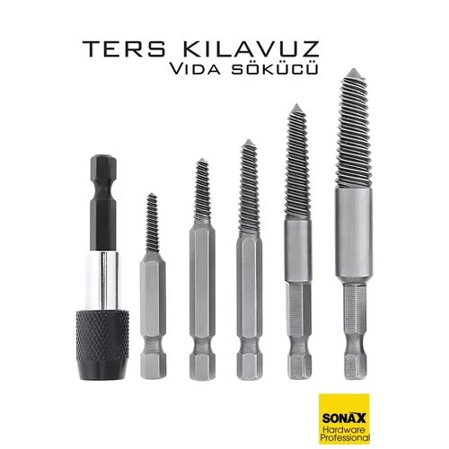 Bits Uzatmalı Ters Kılavuz 6 lı Set Saf Çelik Kırık Civata Vida Sökücü ürün görseli 1