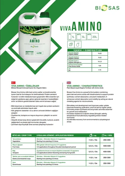 Biosas Viva Amino 5 LTBitkisel Menşeli Aminoasit İçeren Sıvı Organik Gübre - Resim 2