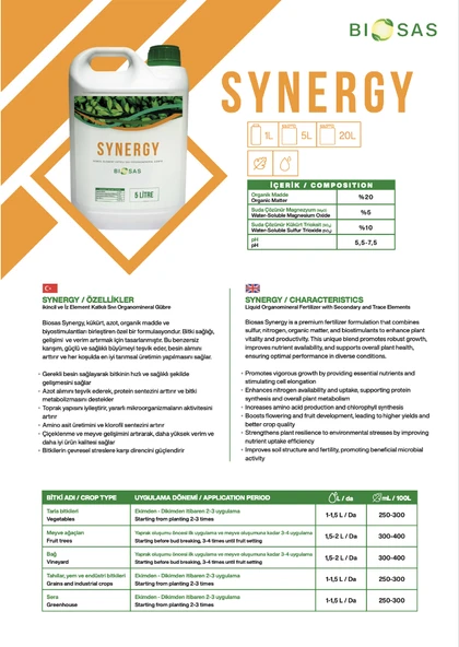 Biosas SYNERGY 5Lt İkincil Element Katkılı Sıvı Organomineral Gübre - Resim 2