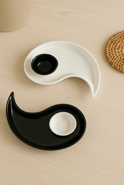 Özel Tasarım 2 li Siyah Beyaz Seramik Çerez Sos Kahvaltı Tabağı Sunum Seti MIT1269 - Resim 6