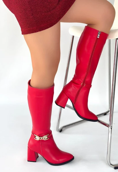 Pabucmarketi Kırmızı Fermuarlı Kadın Topuklu Çizme - Resim 2