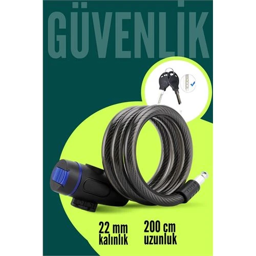 22mm Çelik Halatlı Bisiklet Kilidi - 200cm Anahtarlı Scoooter Motosiklet Kilidi ürün görseli 1