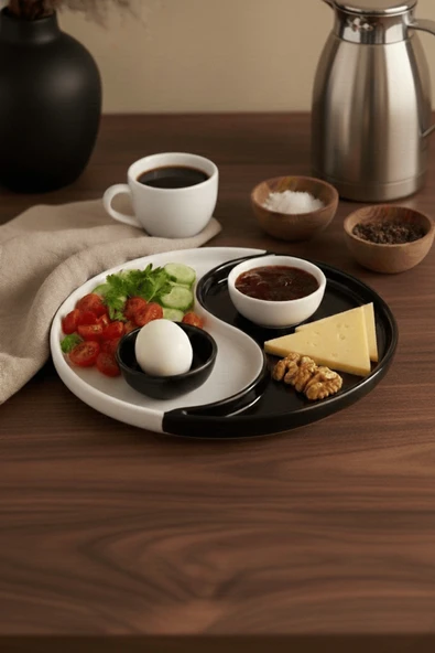 Özel Tasarım 2 li Siyah Beyaz Seramik Çerez Sos Kahvaltı Tabağı Sunum Seti MIT1269 - Resim 3
