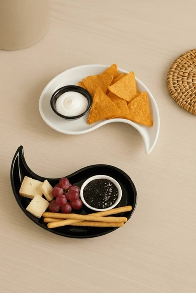 Özel Tasarım 2 li Siyah Beyaz Seramik Çerez Sos Kahvaltı Tabağı Sunum Seti MIT1269 - Resim 5