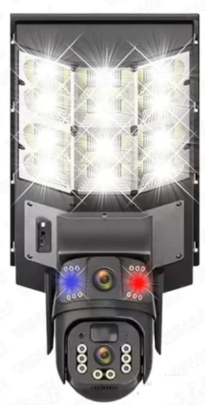 Güneş Enerjili Sokak Bahçe Led aydınlatmalı Solar Güneş Panelli Wifi Kablosuz Çift Kameralı Güvenlik Kamerası ürün görseli 1