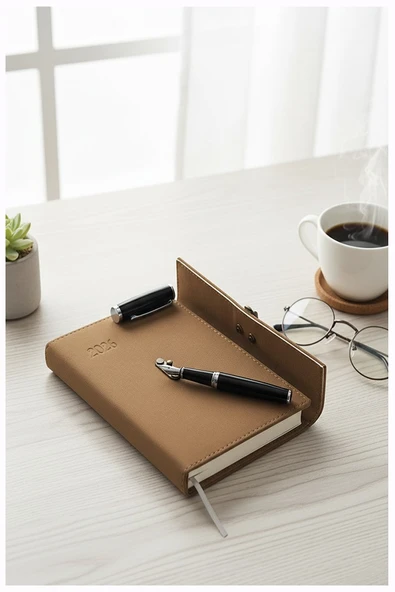 A5 2026 Kilitli Ajanda 168 Yaprak Suni Deri Kapaklı Günlük Ajanda Ayraçlı Planlayıcı Ajanda 15x21cm Kahverengi - Resim 4