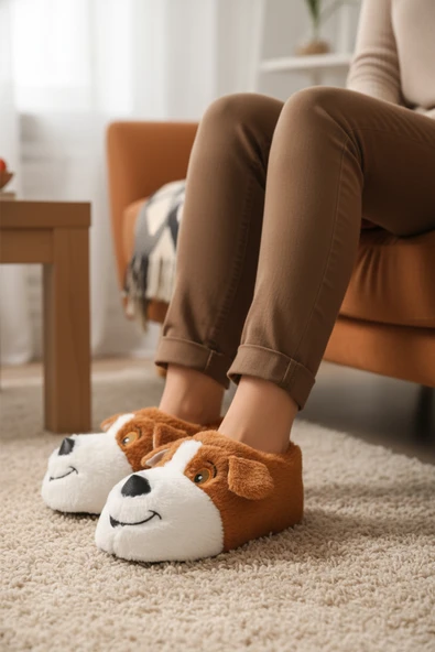 Aspor Açık Kahve Köpek Desenli Unisex Panduf - Resim 3