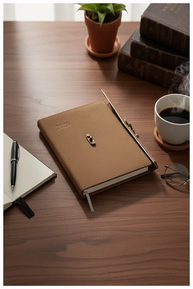 A5 2026 Kilitli Ajanda 168 Yaprak Suni Deri Kapaklı Günlük Ajanda Ayraçlı Planlayıcı Ajanda 15x21cm Kahverengi - Resim 2