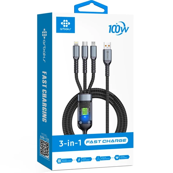 ARBAKS ARB-125 100W 3in1 TYPE-C LED EKRANLI LİGHTNİNG ŞARJ KABLOSU ürün görseli 1