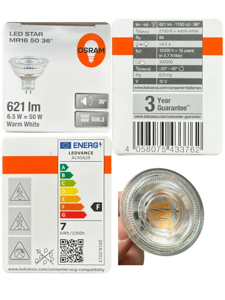 (1 Adet) Ledvance 12Volt 6,5W (50W) Sarı (2700K) GU5.3 Duylu (İğne Bacak) Led Spot Ampul - Resim 3